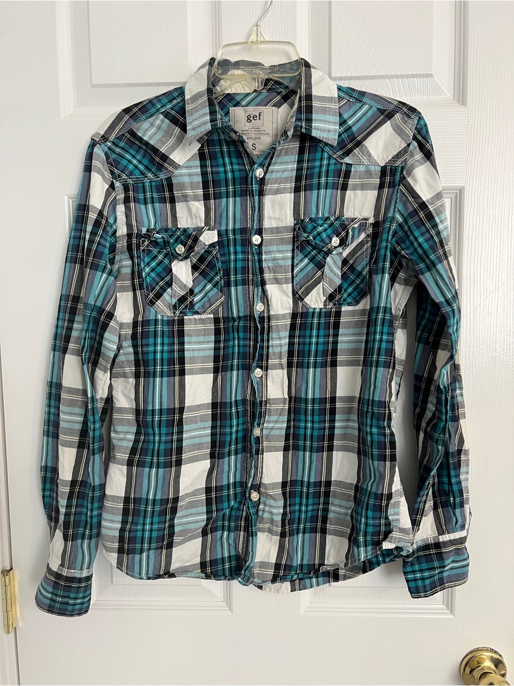 Gef France Plaid Western Button Up Shirt Small Teal Grunge Y2K Indie‎ Skater
